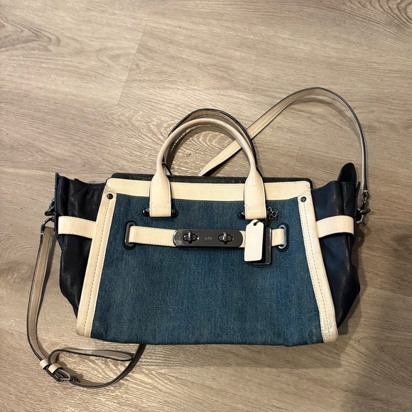 Coach Denim Swagger With Chalk White Leather Trim Satchel - Picture 13 of 13